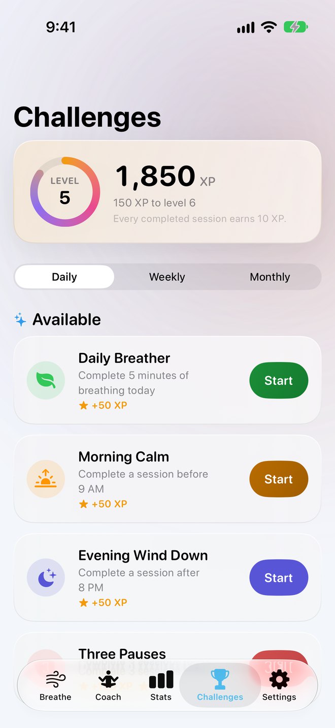 Breathe Well challenges screen with XP, level, and daily challenges such as Daily Breather and Morning Calm