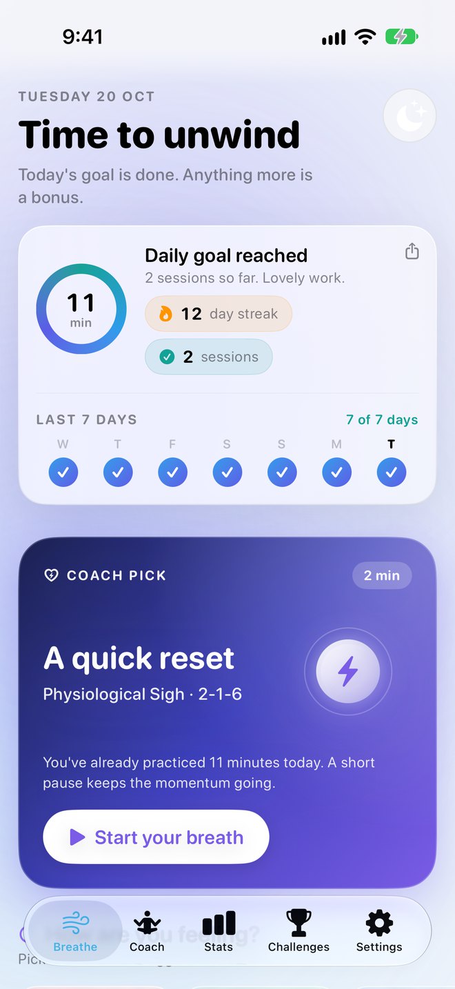 The Breathe Well home screen in the evening: Time to unwind, today&rsquo;s goal reached with 11 minutes and a 12-day streak, and a Coach Pick