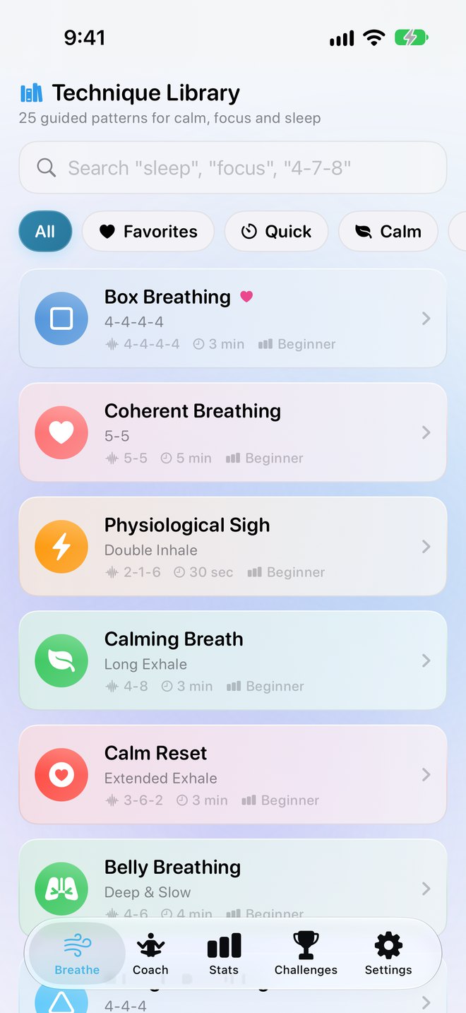 The Breathe Well technique library, 25 guided patterns, listing Box Breathing, Coherent Breathing, Physiological Sigh, Calming Breath, Calm Reset, and Belly Breathing
